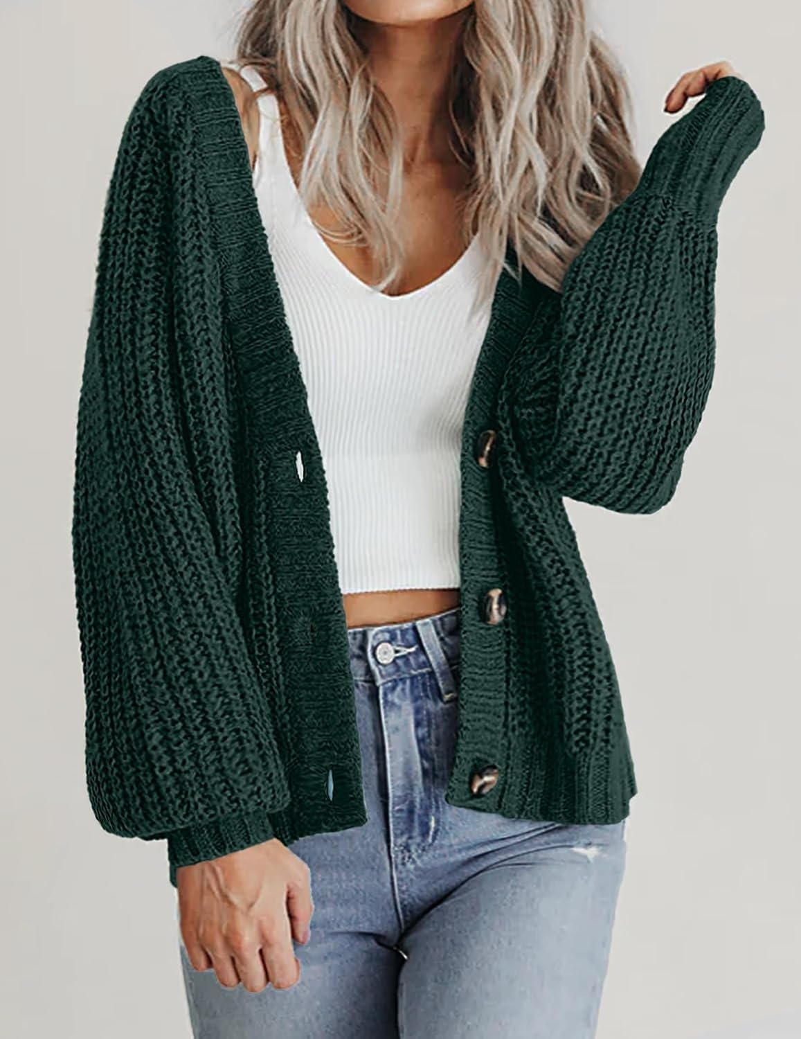 image:imageZeagoo Womens 2026 Fall Chunky Knit Cardigans Long Sleeve SweatersDark Green1