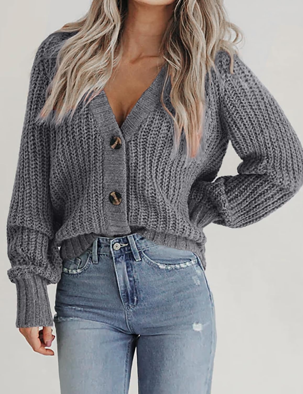 image:imageZeagoo Womens 2026 Fall Chunky Knit Cardigans Long Sleeve SweatersGrey