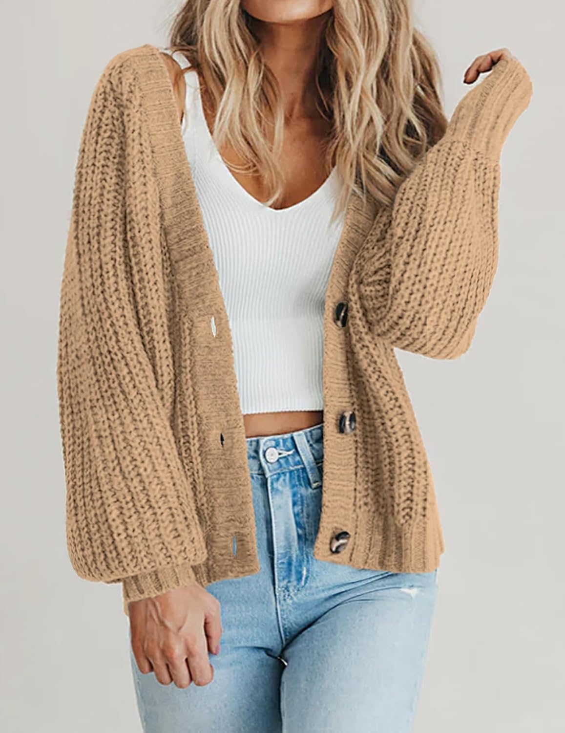image:imageZeagoo Womens 2026 Fall Chunky Knit Cardigans Long Sleeve SweatersLight Khaki
