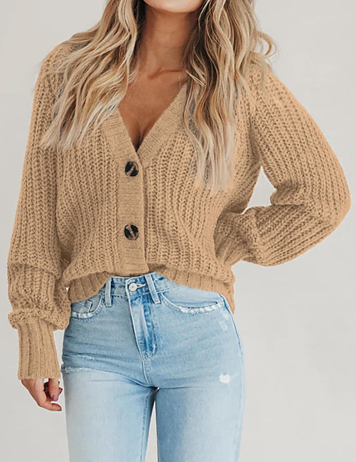 image:imageZeagoo Womens 2026 Fall Chunky Knit Cardigans Long Sleeve SweatersLight Khaki