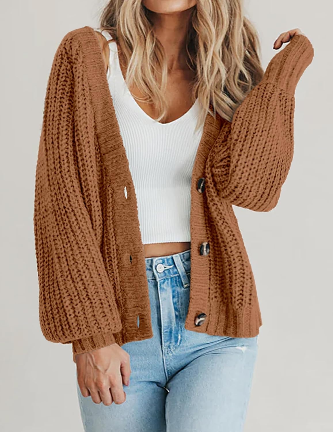 image:imageZeagoo Womens 2026 Fall Chunky Knit Cardigans Long Sleeve SweatersLight Orange
