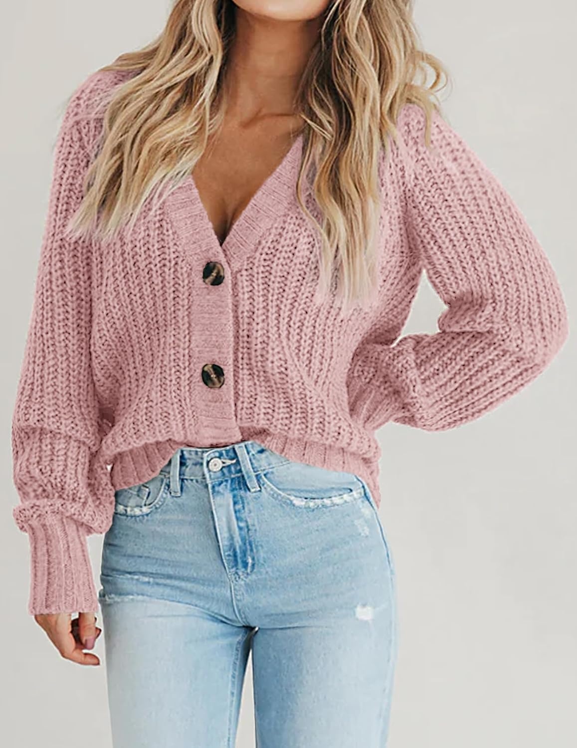 image:imageZeagoo Womens 2026 Fall Chunky Knit Cardigans Long Sleeve SweatersMauve Pink