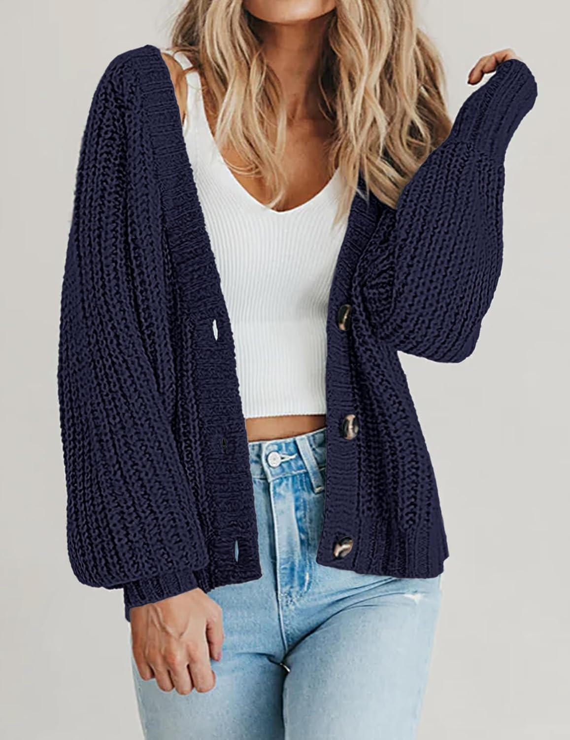 image:imageZeagoo Womens 2026 Fall Chunky Knit Cardigans Long Sleeve SweatersNavy Blue