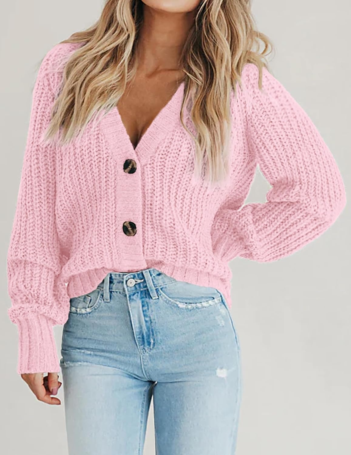 image:imageZeagoo Womens 2026 Fall Chunky Knit Cardigans Long Sleeve SweatersPink