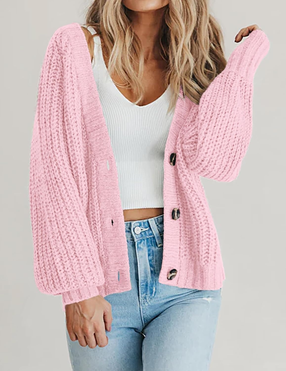 image:imageZeagoo Womens 2026 Fall Chunky Knit Cardigans Long Sleeve SweatersPink