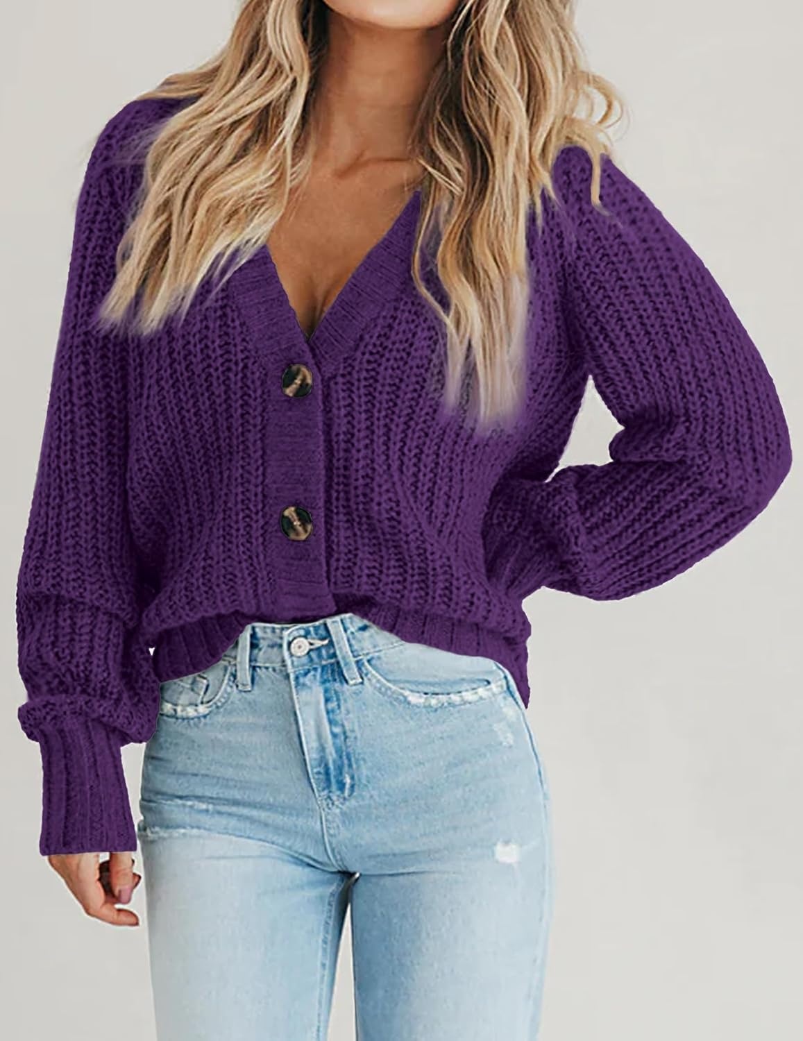 image:imageZeagoo Womens 2026 Fall Chunky Knit Cardigans Long Sleeve SweatersPurple