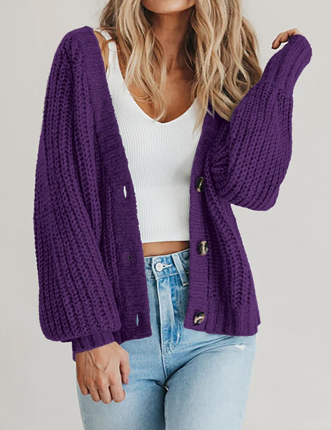 image:imageZeagoo Womens 2026 Fall Chunky Knit Cardigans Long Sleeve SweatersPurple