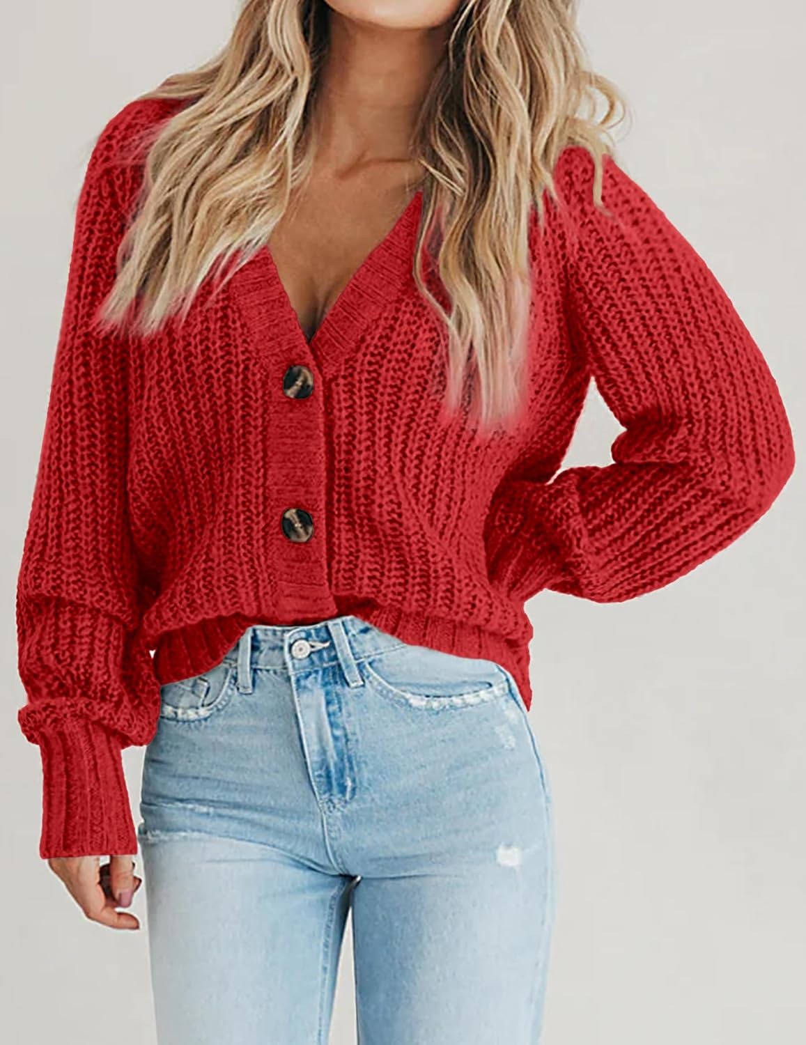 image:imageZeagoo Womens 2026 Fall Chunky Knit Cardigans Long Sleeve SweatersRed