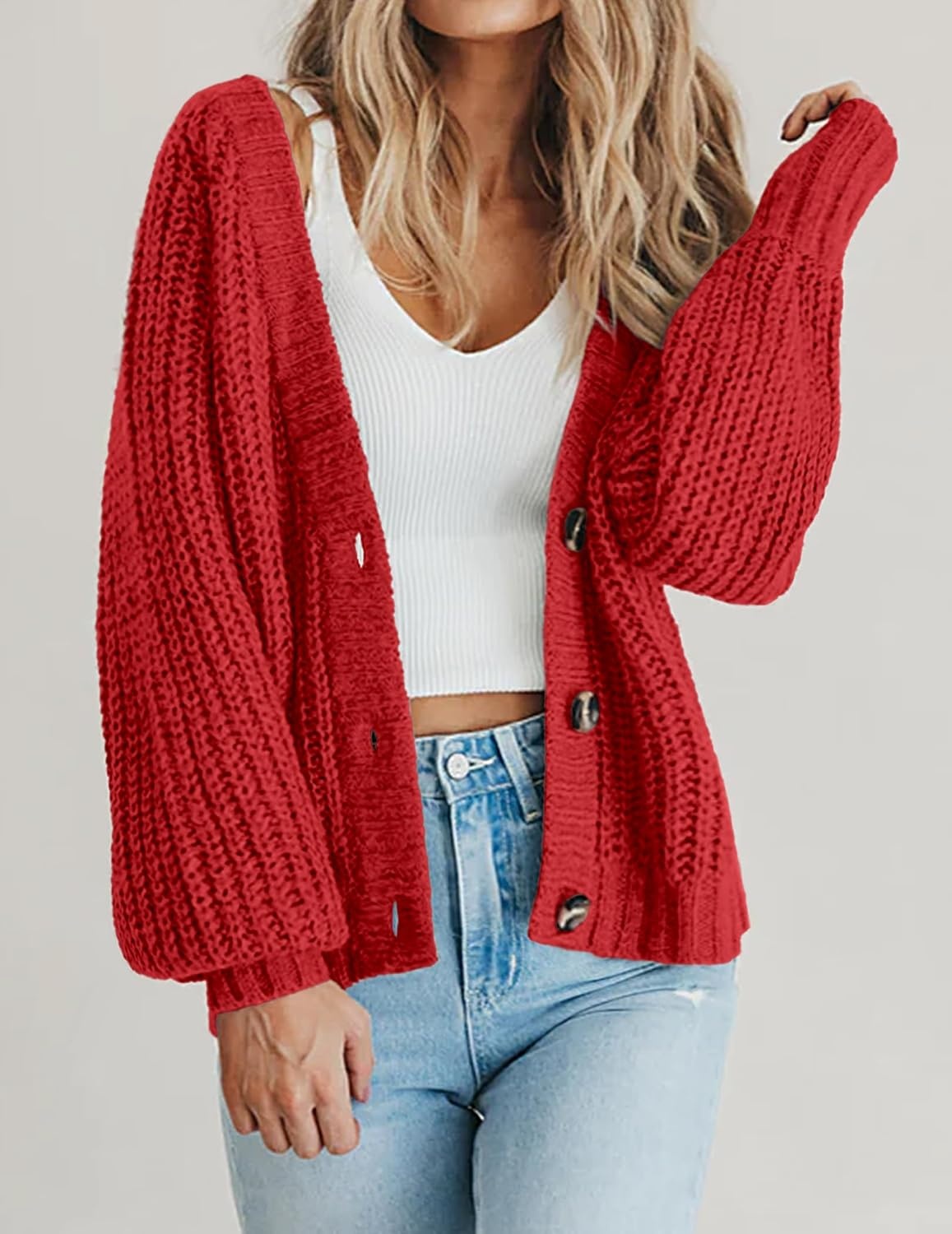 image:imageZeagoo Womens 2026 Fall Chunky Knit Cardigans Long Sleeve SweatersRed