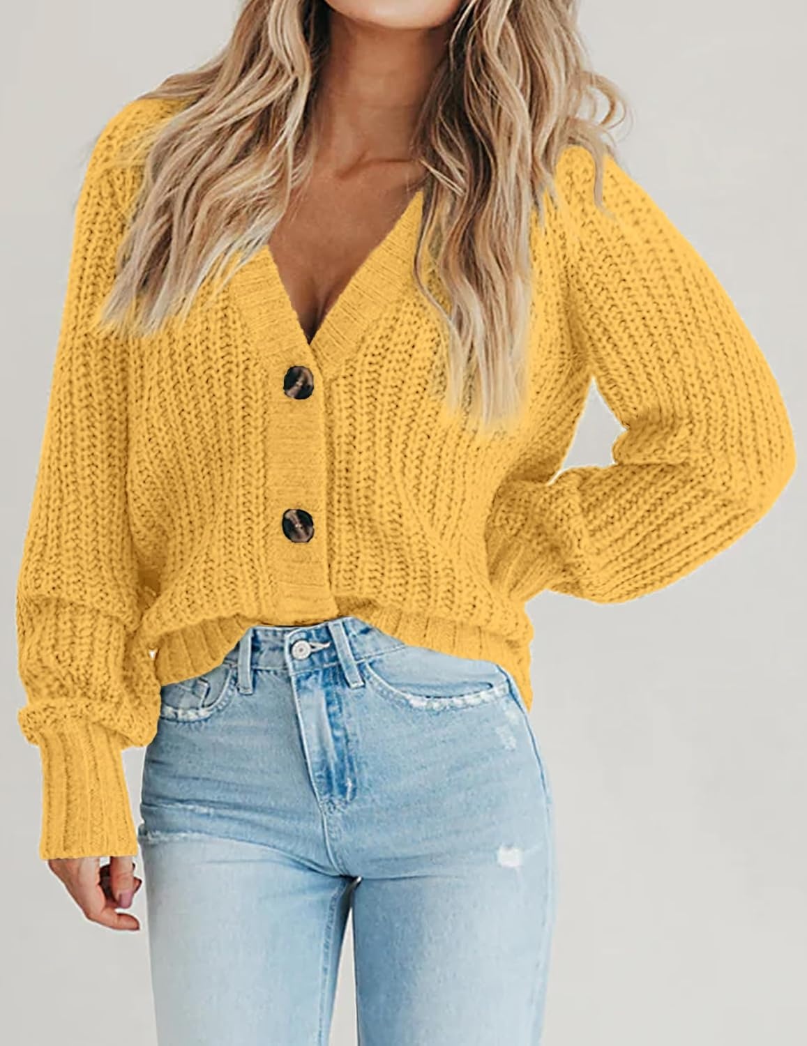 image:imageZeagoo Womens 2026 Fall Chunky Knit Cardigans Long Sleeve SweatersYellow