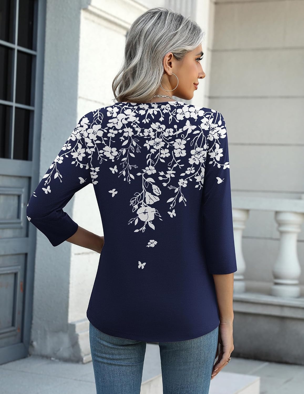 image:imageZeagoo Womens Casual 34 Sleeve TShirts Round Neck Tunic Tops Work BlouseBlue Flowersf103