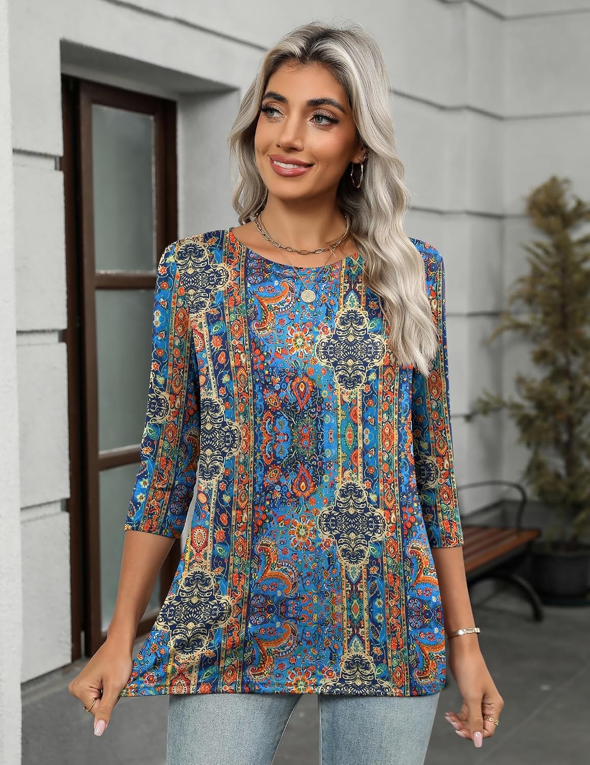 image:imageZeagoo Womens Casual 34 Sleeve TShirts Round Neck Tunic Tops Work BlouseBohemiamz779