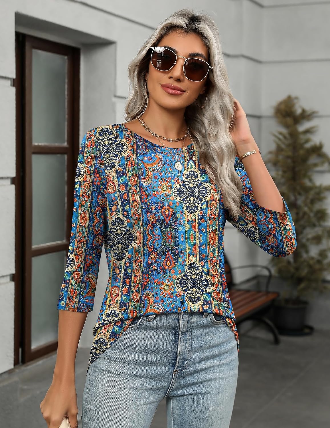 image:imageZeagoo Womens Casual 34 Sleeve TShirts Round Neck Tunic Tops Work BlouseBohemiamz779
