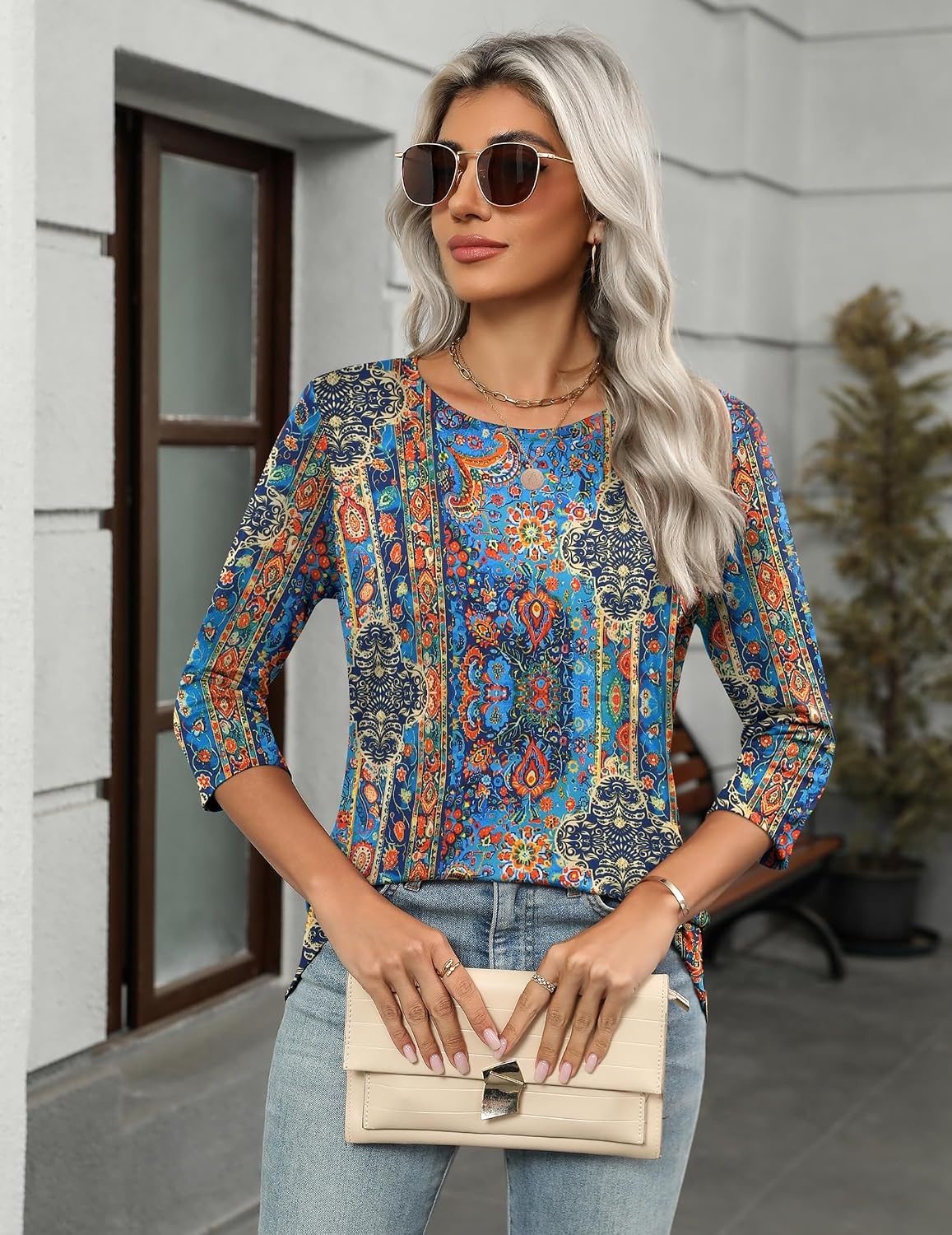 image:imageZeagoo Womens Casual 34 Sleeve TShirts Round Neck Tunic Tops Work BlouseBohemiamz779