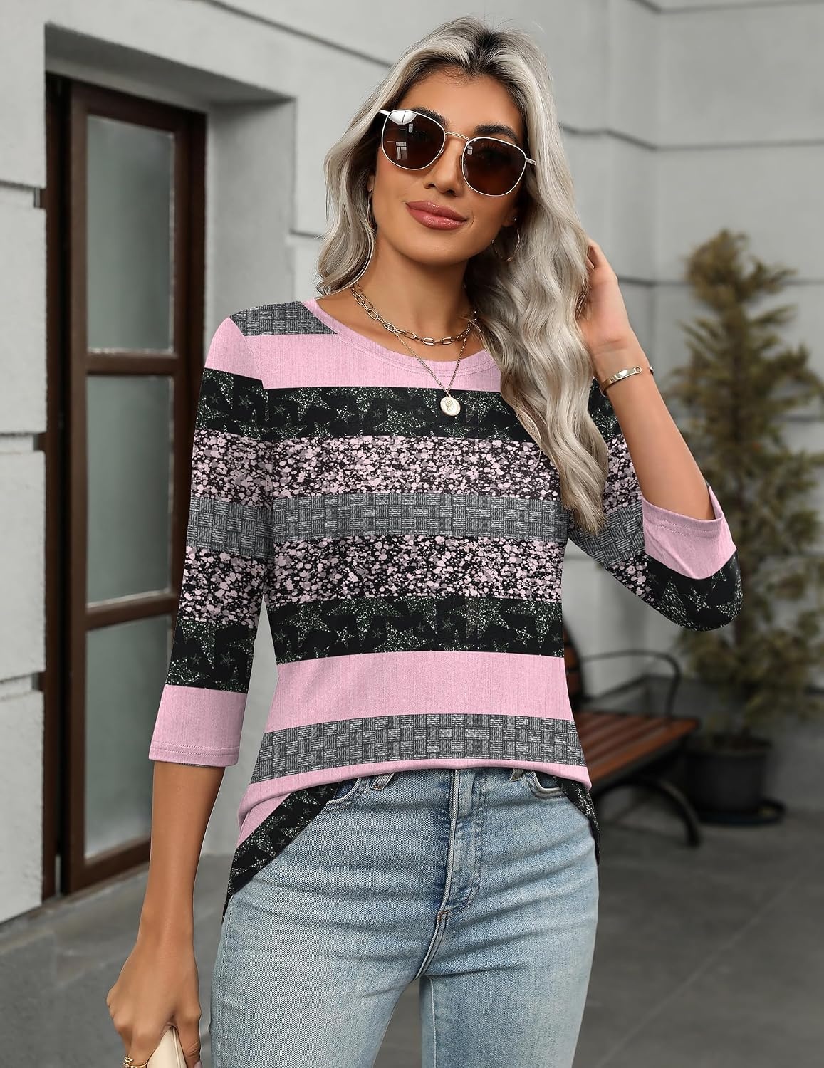 image:imageZeagoo Womens Casual 34 Sleeve TShirts Round Neck Tunic Tops Work BlousePink Stripetz245