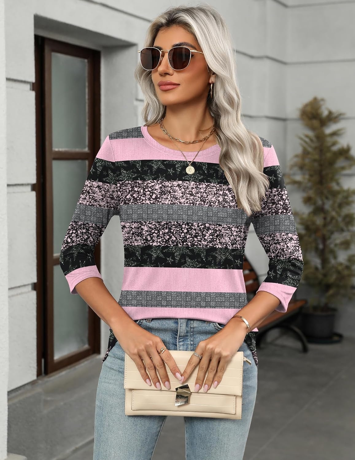 image:imageZeagoo Womens Casual 34 Sleeve TShirts Round Neck Tunic Tops Work BlousePink Stripetz245