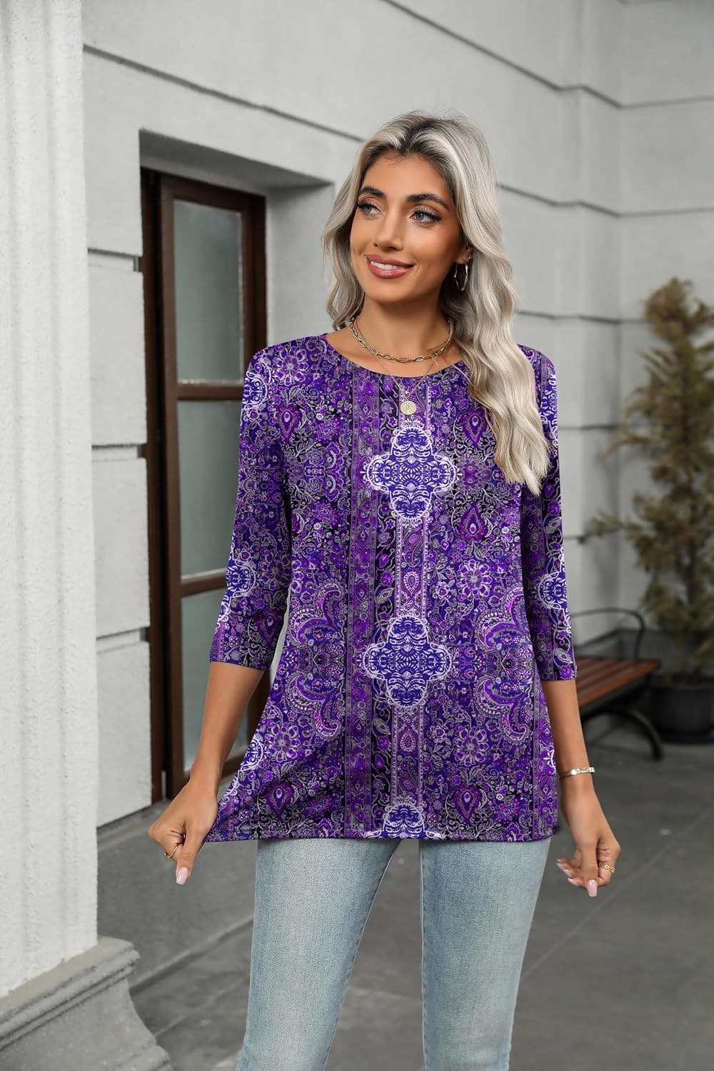 image:imageZeagoo Womens Casual 34 Sleeve TShirts Round Neck Tunic Tops Work BlousePurple Boho Mz907