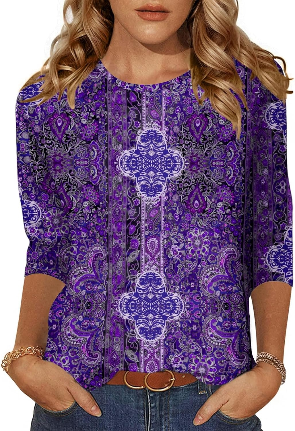 image:imageZeagoo Womens Casual 34 Sleeve TShirts Round Neck Tunic Tops Work BlousePurple Boho Mz907