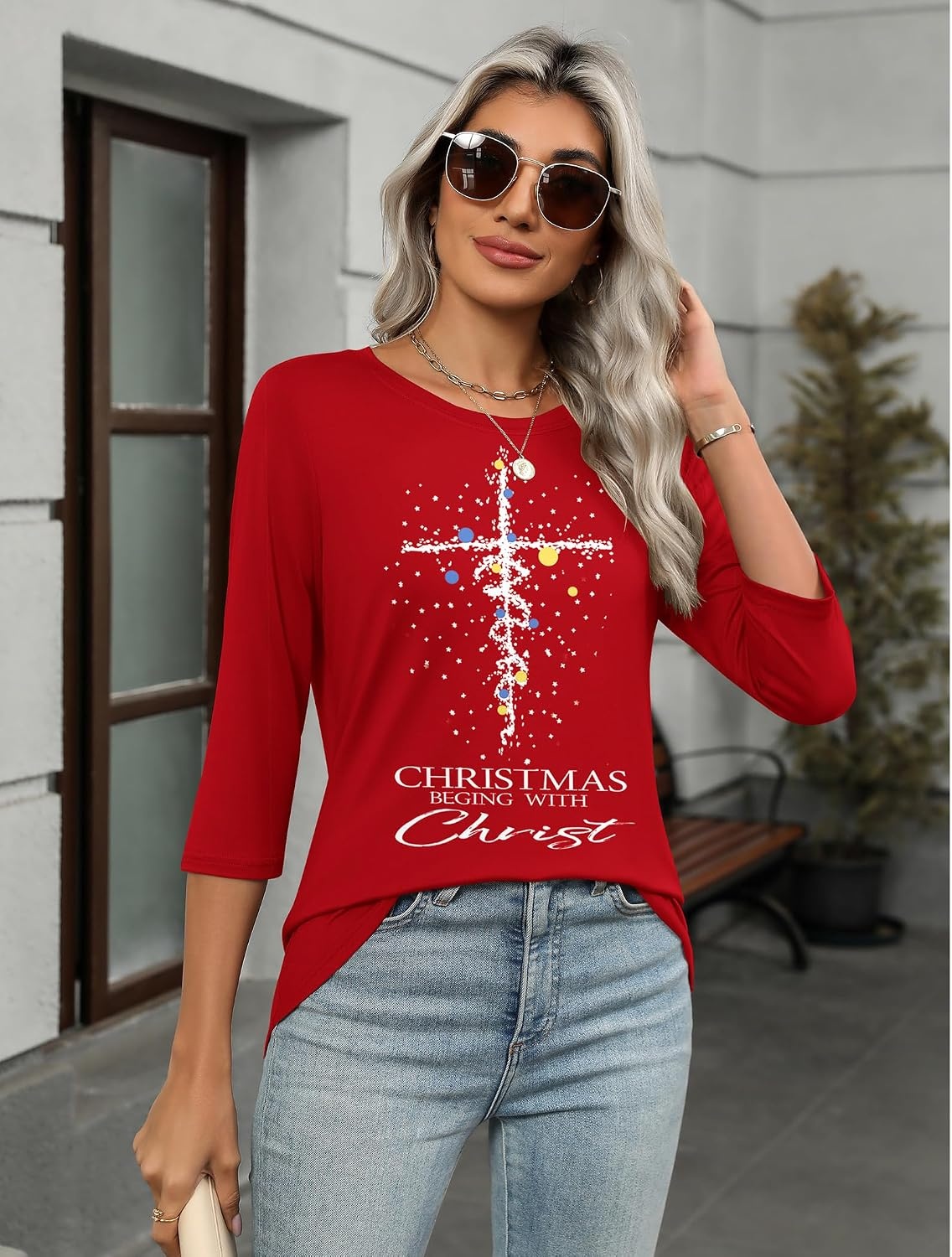 image:imageZeagoo Womens Casual 34 Sleeve TShirts Round Neck Tunic Tops Work BlouseRed Christmassd485