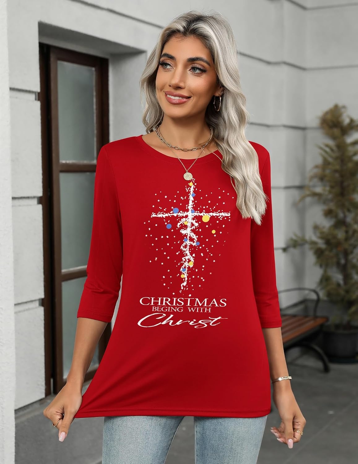 image:imageZeagoo Womens Casual 34 Sleeve TShirts Round Neck Tunic Tops Work BlouseRed Christmassd485