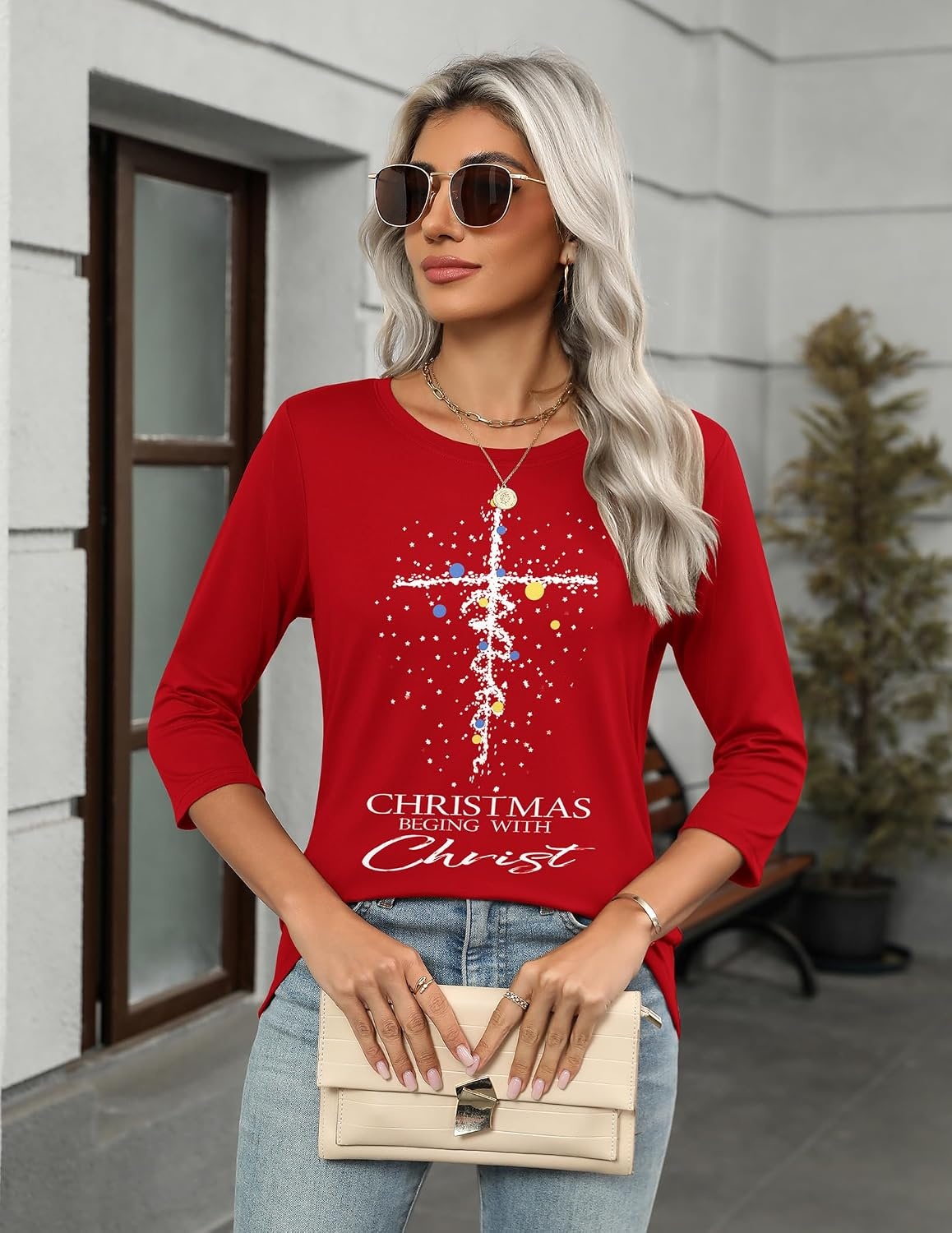 image:imageZeagoo Womens Casual 34 Sleeve TShirts Round Neck Tunic Tops Work BlouseRed Christmassd485
