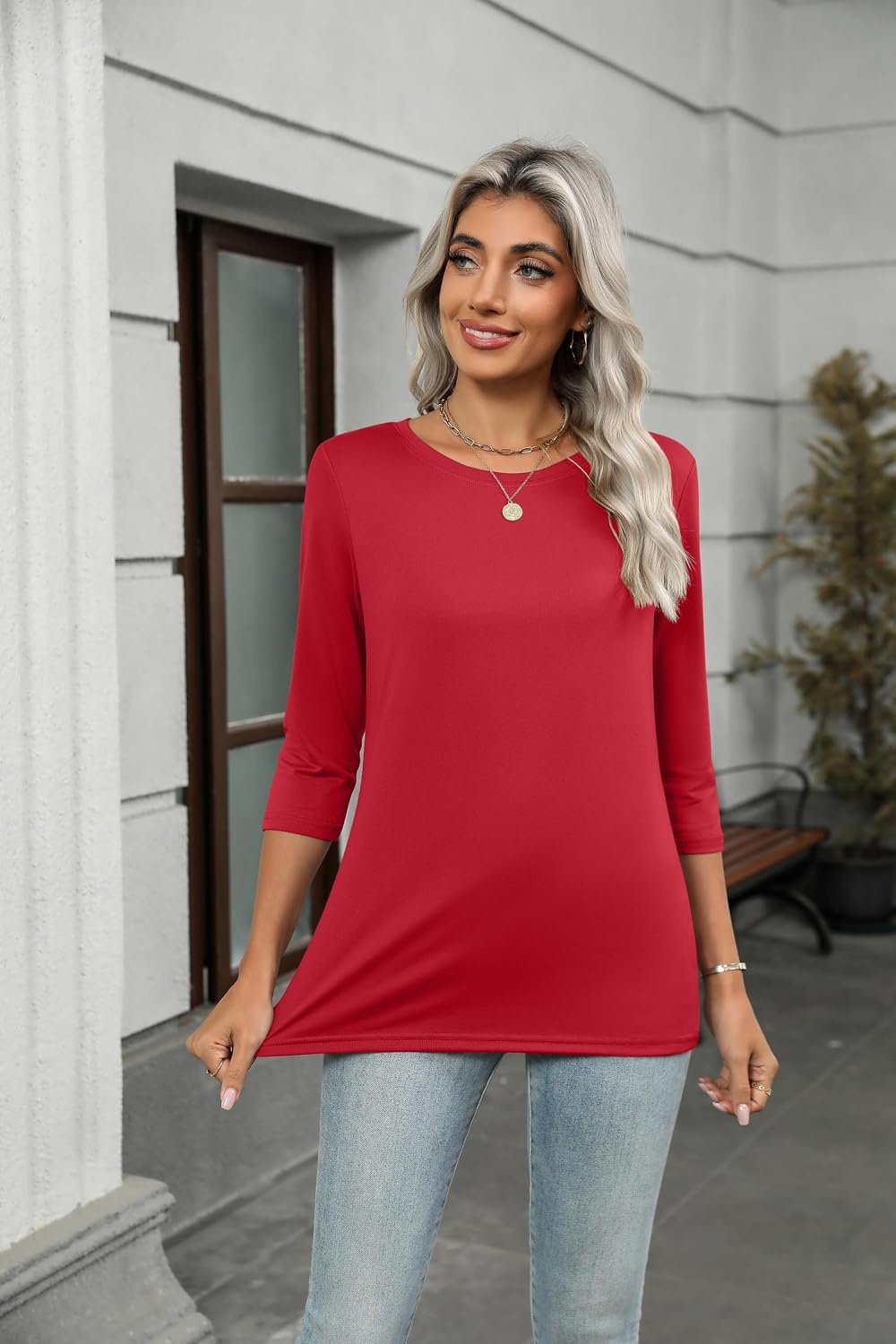 image:imageZeagoo Womens Casual 34 Sleeve TShirts Round Neck Tunic Tops Work BlouseRedtr