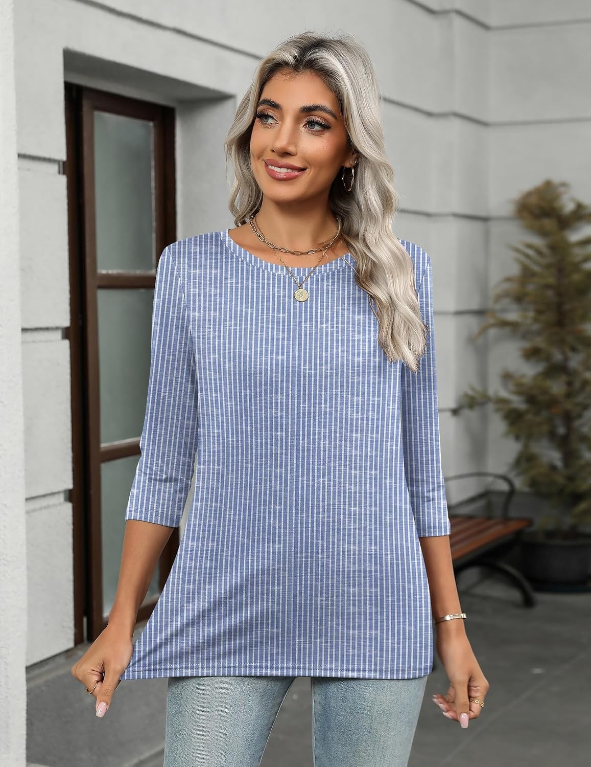 image:imageZeagoo Womens Casual 34 Sleeve TShirts Round Neck Tunic Tops Work BlouseStripes Bluetz273