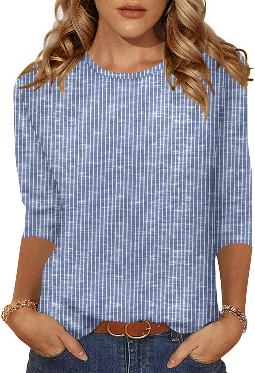 image:imageZeagoo Womens Casual 34 Sleeve TShirts Round Neck Tunic Tops Work BlouseStripes Bluetz273