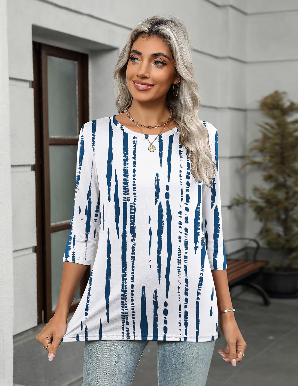 image:imageZeagoo Womens Casual 34 Sleeve TShirts Round Neck Tunic Tops Work BlouseWhite Bluezr229