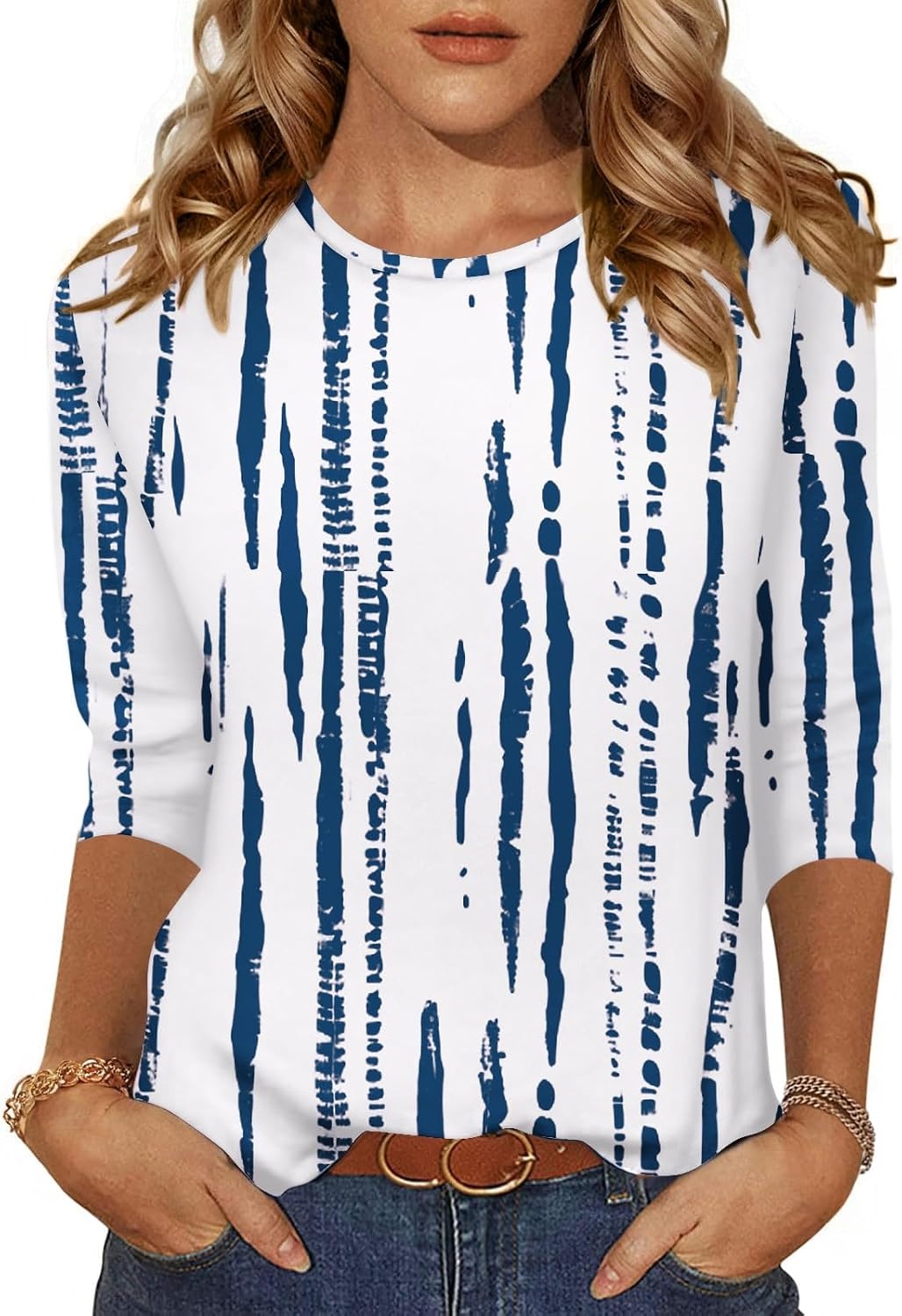 image:imageZeagoo Womens Casual 34 Sleeve TShirts Round Neck Tunic Tops Work BlouseWhite Bluezr229