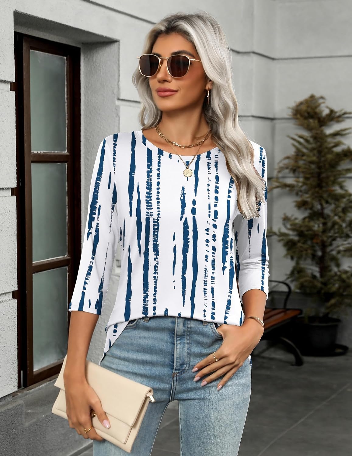 image:imageZeagoo Womens Casual 34 Sleeve TShirts Round Neck Tunic Tops Work BlouseWhite Bluezr229