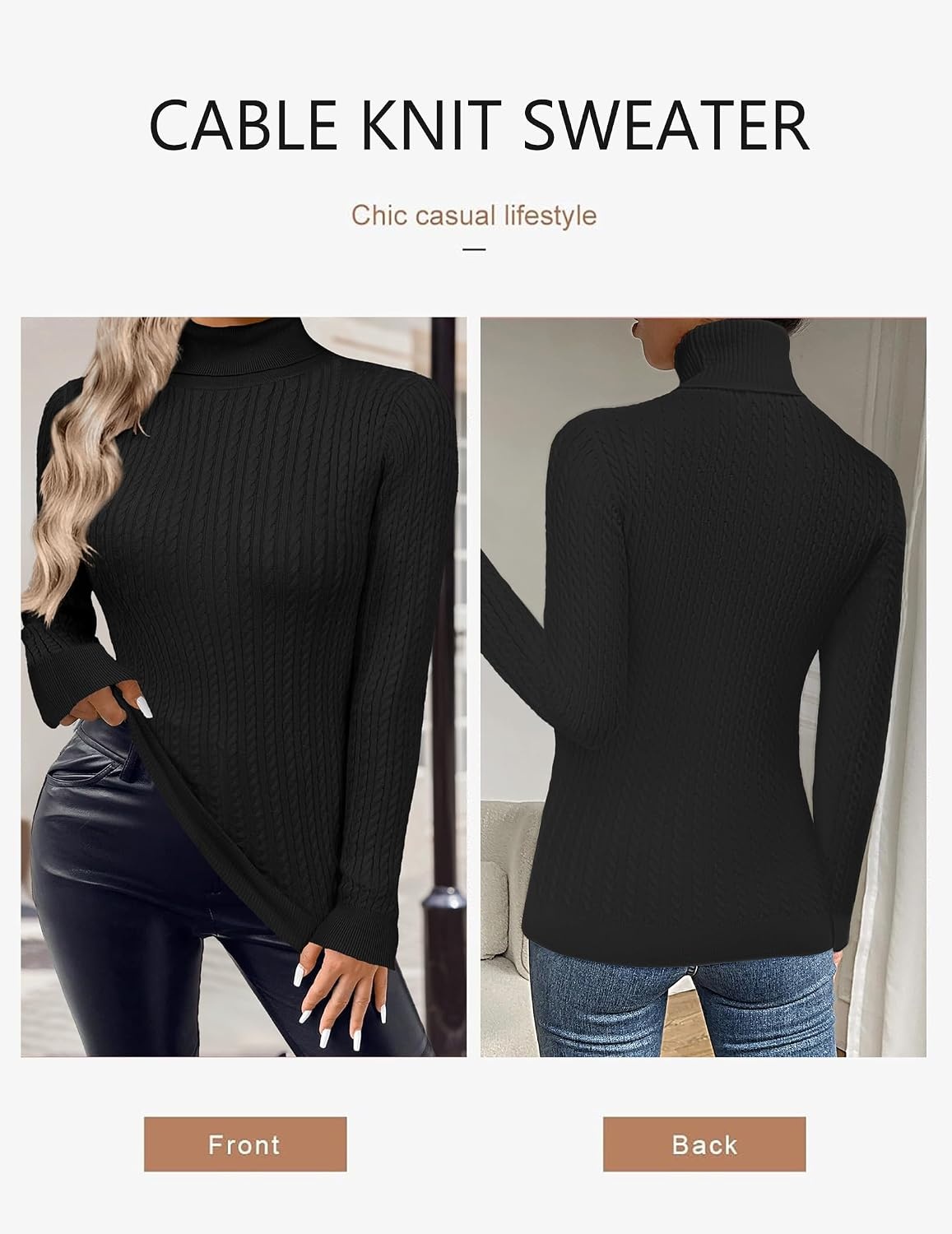 image:imageZeagoo Womens Sweaters Turtleneck Cable Knit Long Sleeve Pullover Fall TopsBlack
