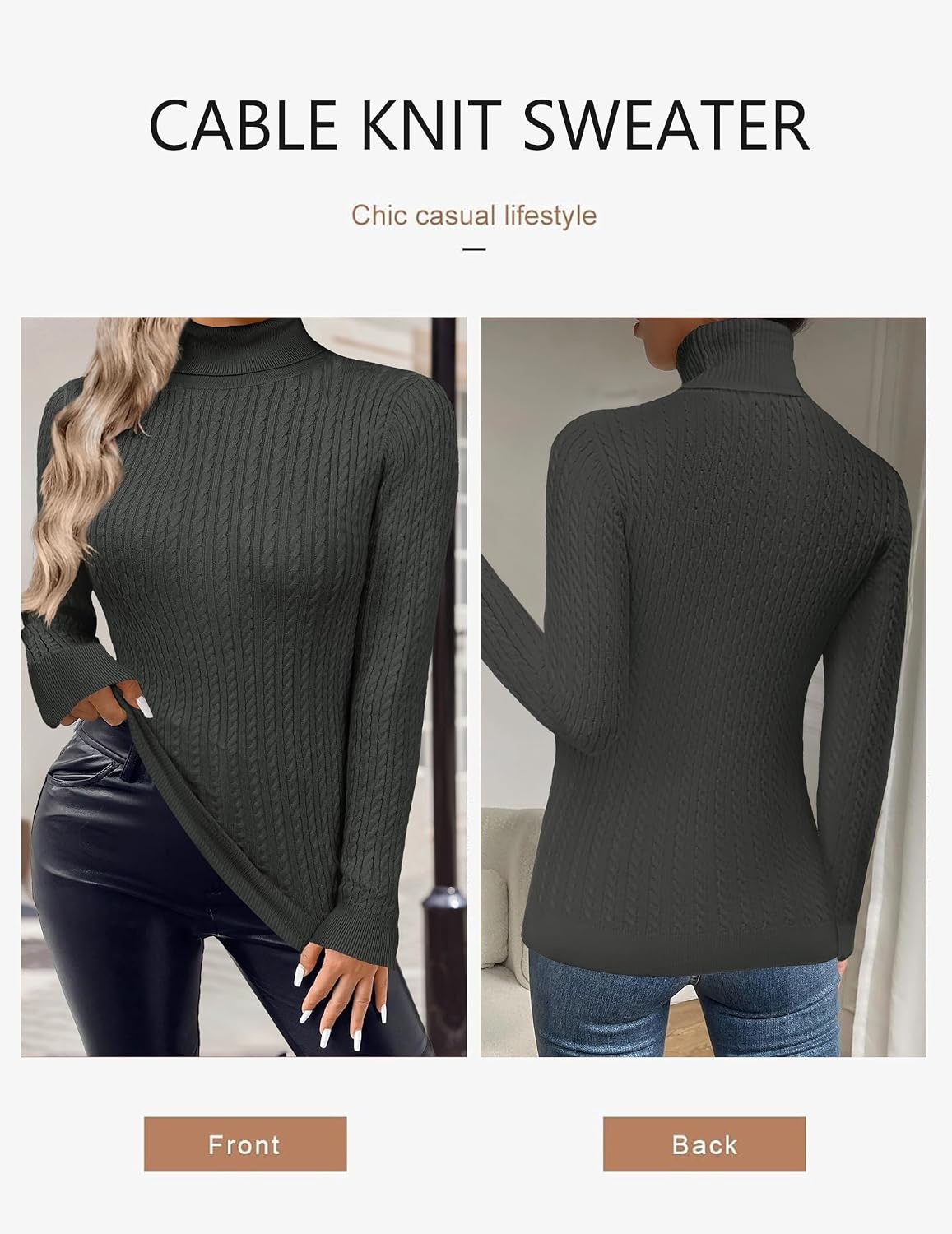 image:imageZeagoo Womens Sweaters Turtleneck Cable Knit Long Sleeve Pullover Fall TopsDark Grey