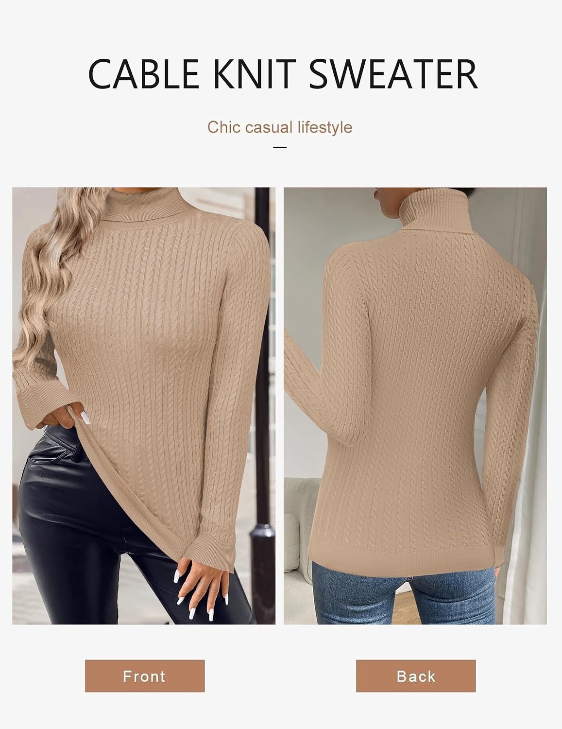 image:imageZeagoo Womens Sweaters Turtleneck Cable Knit Long Sleeve Pullover Fall TopsKhaki