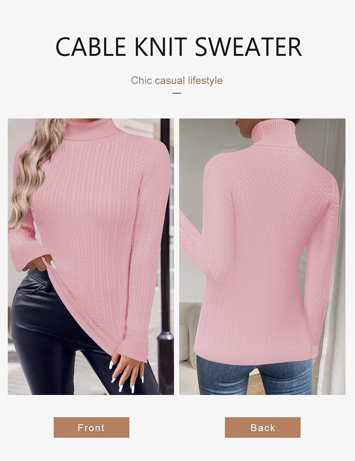 image:imageZeagoo Womens Sweaters Turtleneck Cable Knit Long Sleeve Pullover Fall TopsPink