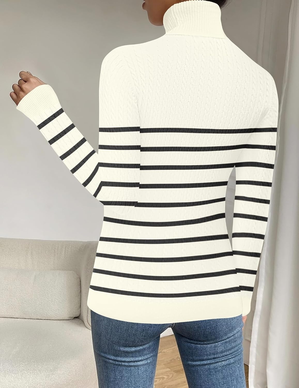 image:imageZeagoo Womens Sweaters Turtleneck Cable Knit Long Sleeve Pullover Fall TopsStripe Apricot