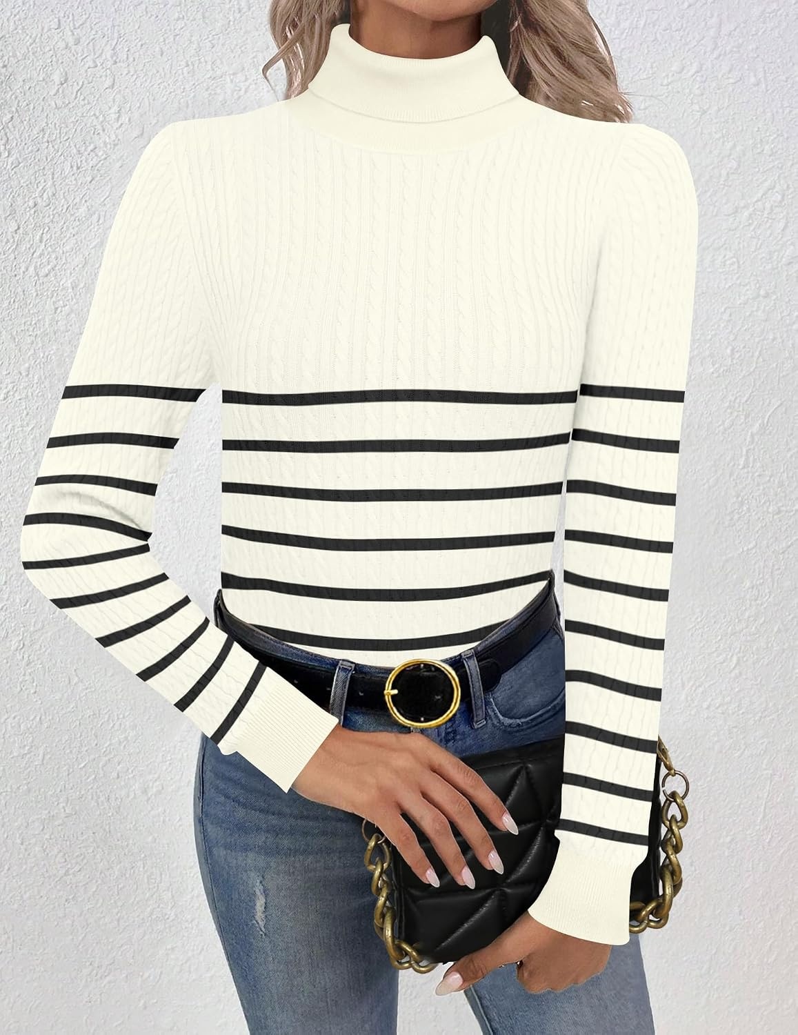 image:imageZeagoo Womens Sweaters Turtleneck Cable Knit Long Sleeve Pullover Fall TopsStripe Apricot