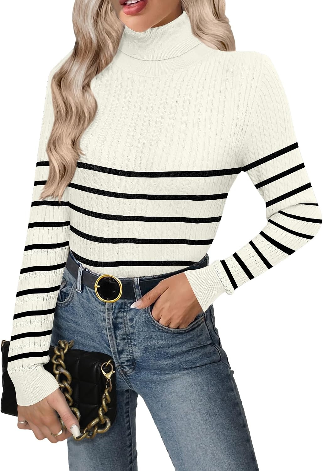 image:imageZeagoo Womens Sweaters Turtleneck Cable Knit Long Sleeve Pullover Fall TopsStripe Apricot