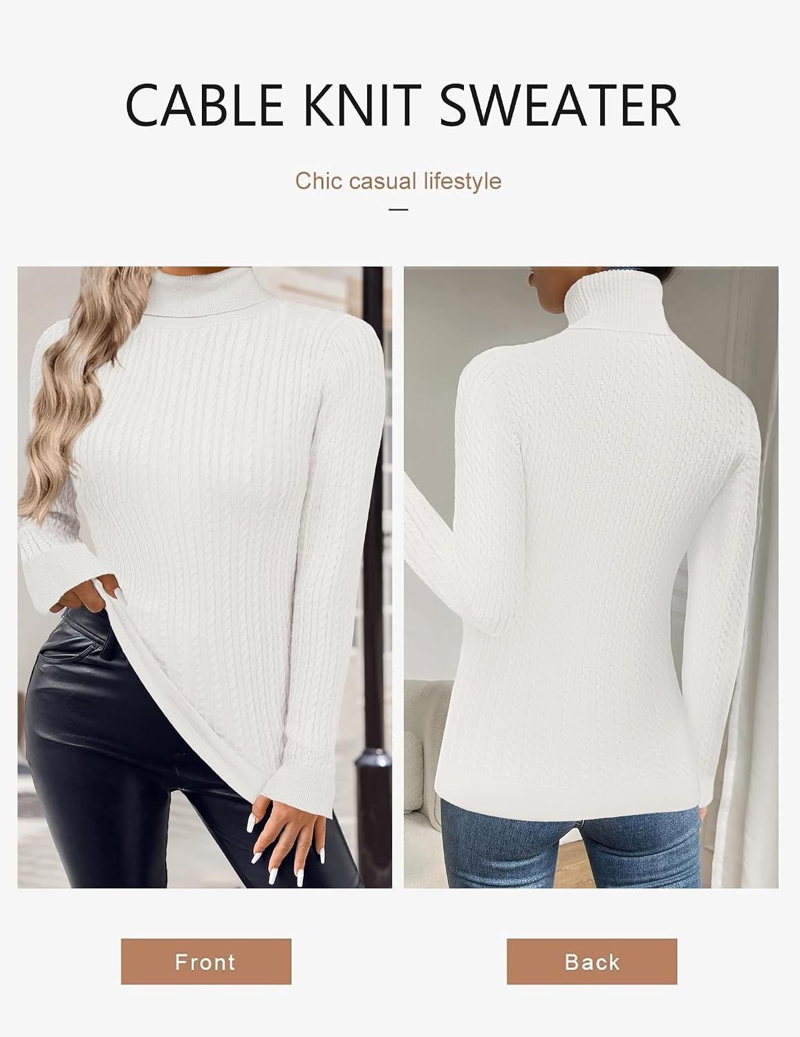 image:imageZeagoo Womens Sweaters Turtleneck Cable Knit Long Sleeve Pullover Fall TopsWhite