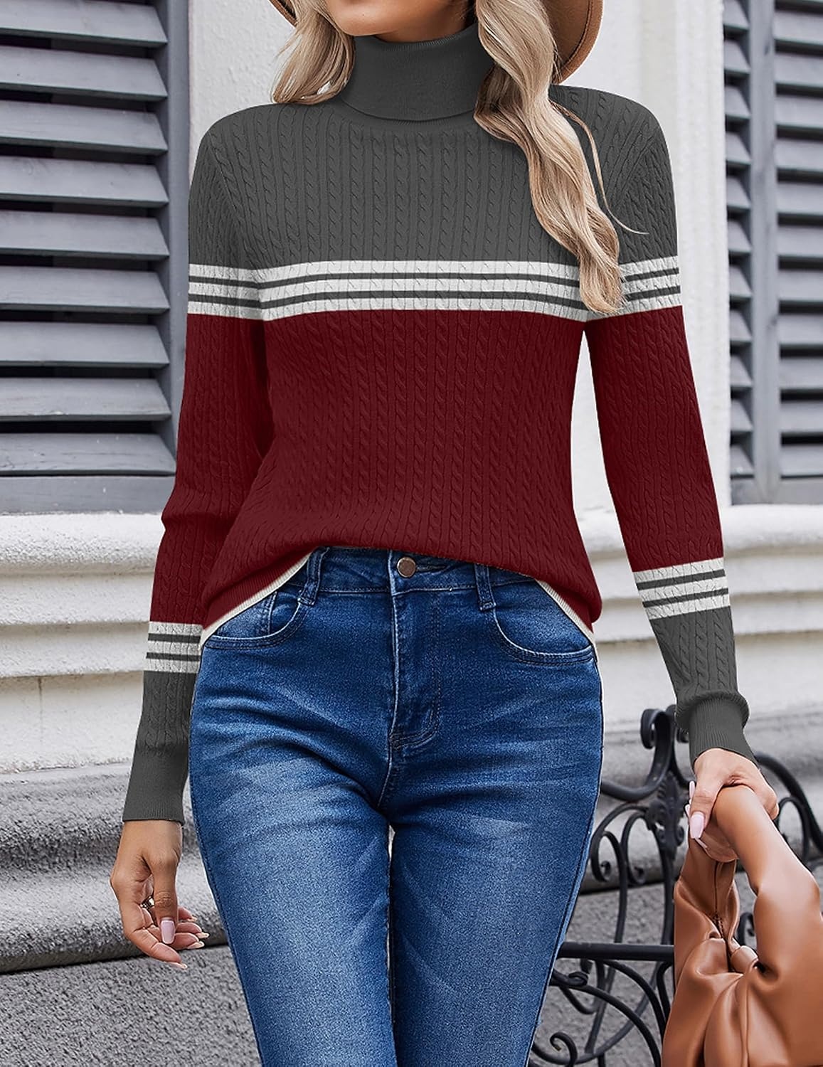 image:imageZeagoo Womens Sweaters Turtleneck Cable Knit Long Sleeve Pullover Fall TopsZ Wine Red