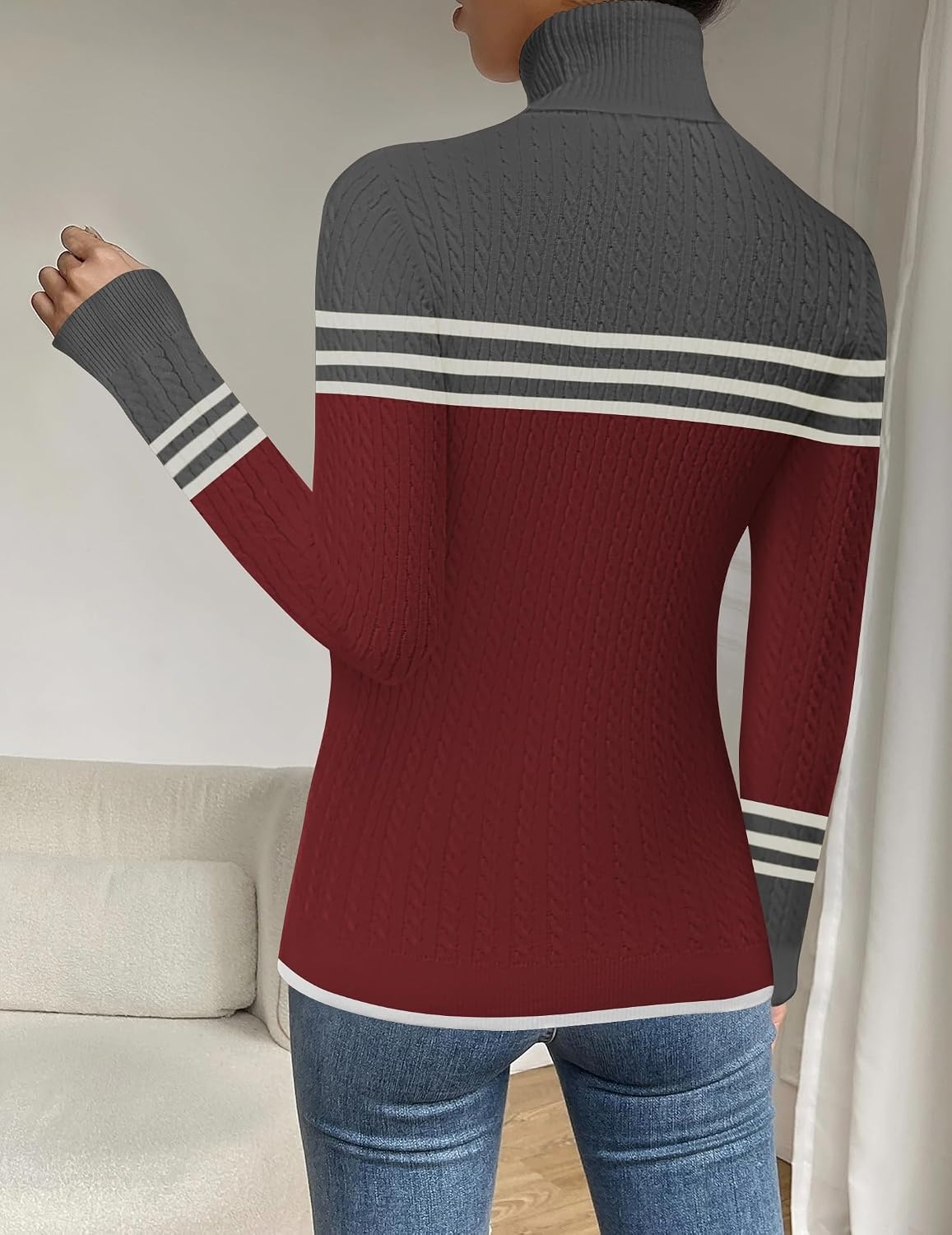 image:imageZeagoo Womens Sweaters Turtleneck Cable Knit Long Sleeve Pullover Fall TopsZ Wine Red