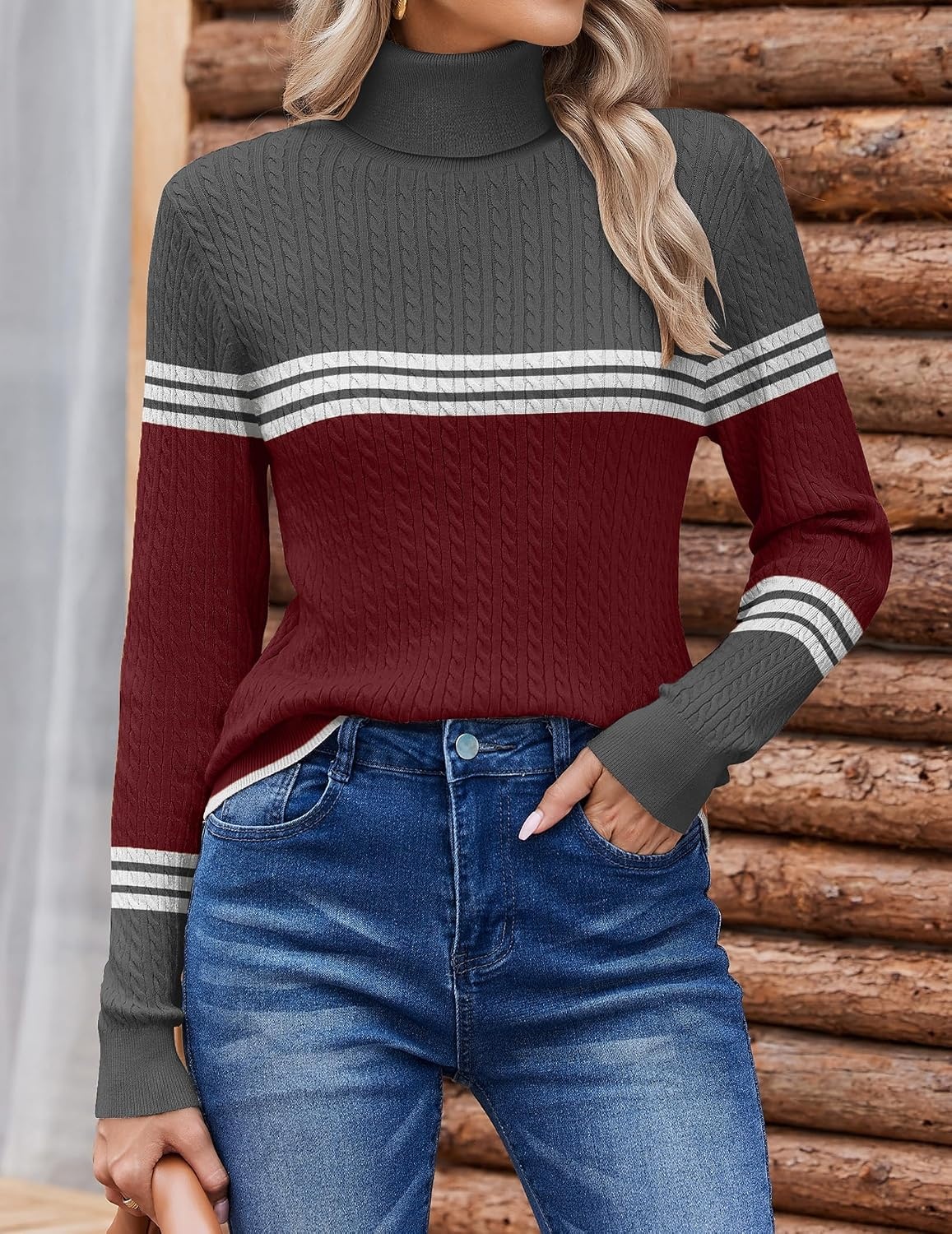 image:imageZeagoo Womens Sweaters Turtleneck Cable Knit Long Sleeve Pullover Fall TopsZ Wine Red