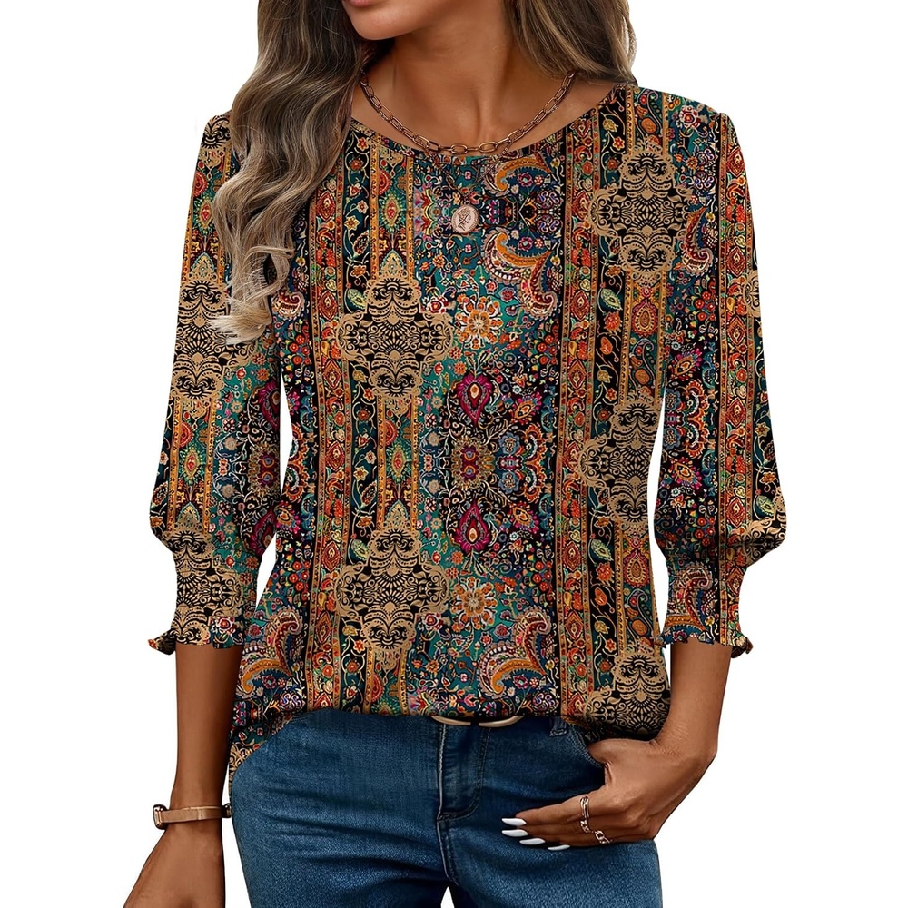 image:imageZeagoo 34 Length Sleeve Blouse Pleated Tops Tunics for Women Dressy Shirt Business CasualBrown Boho B