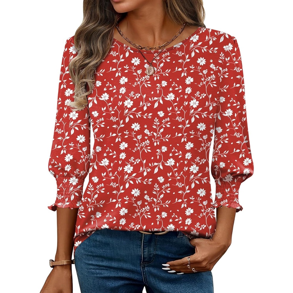 image:imageZeagoo 34 Length Sleeve Blouse Pleated Tops Tunics for Women Dressy Shirt Business CasualVintage Red Ditsy