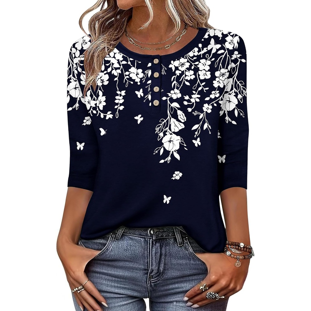 image:imageZeagoo 34 Length Sleeve Women Tops Dressy Casual Blouses Work ClothesSf103navy Blue Leaves