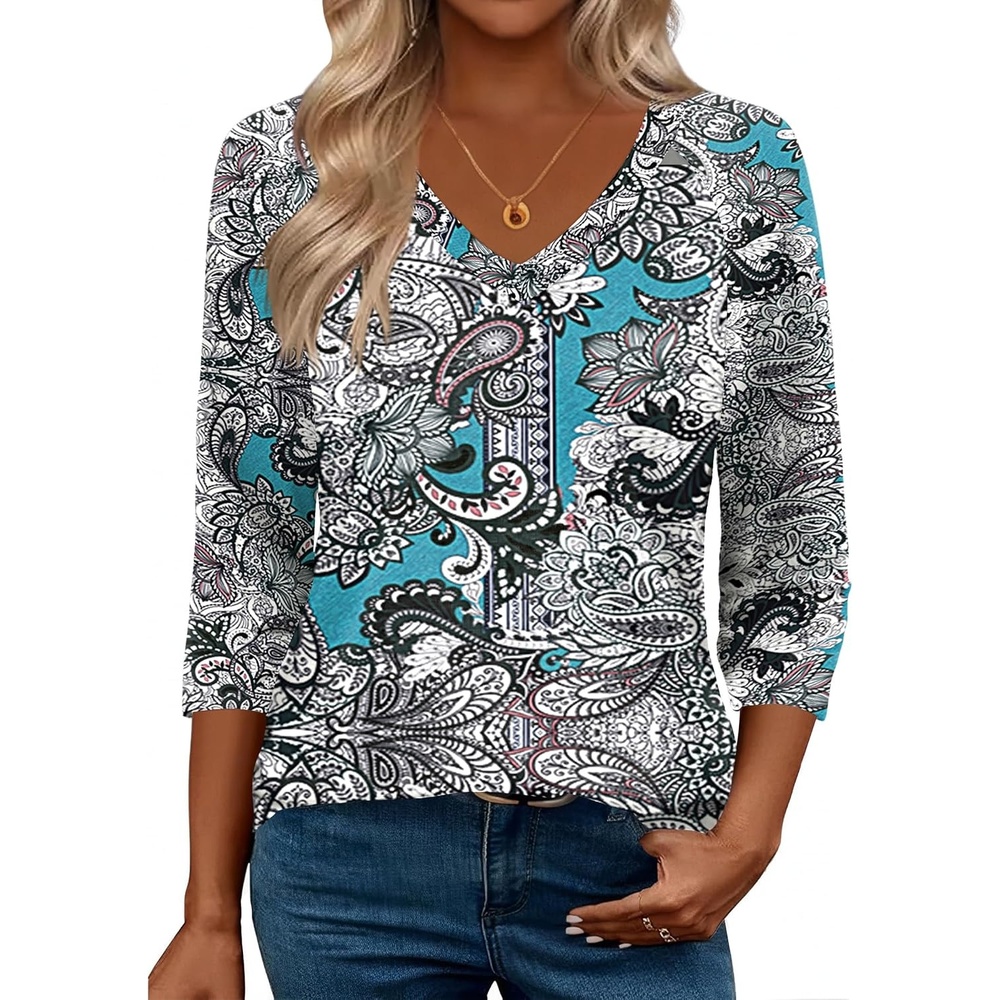 image:imageZeagoo 34 Length Sleeve Womens Tops Casual V Neck Shirts Soft Basic TeesBlue Paisley