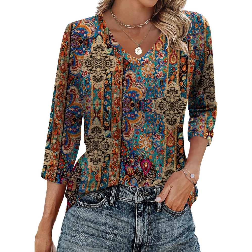 image:imageZeagoo 34 Length Sleeve Womens Tops Casual V Neck Shirts Soft Basic TeesBrown Bohemian