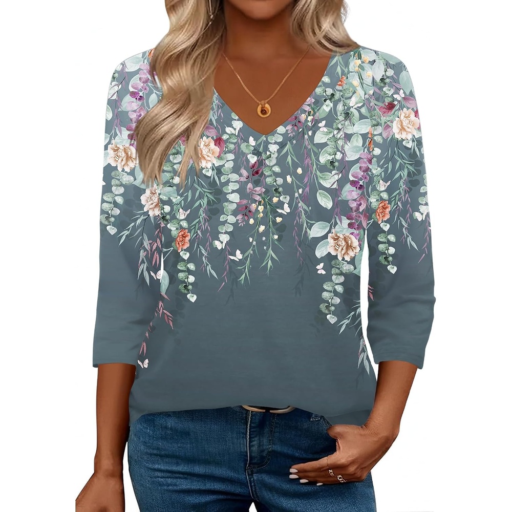 image:imageZeagoo 34 Length Sleeve Womens Tops Casual V Neck Shirts Soft Basic TeesGrey Floral