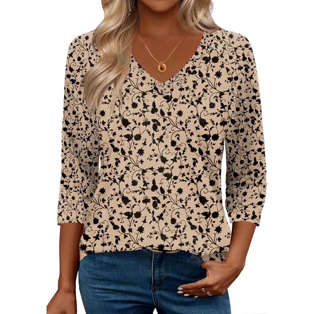 image:imageZeagoo 34 Length Sleeve Womens Tops Casual V Neck Shirts Soft Basic TeesKhaki Floral