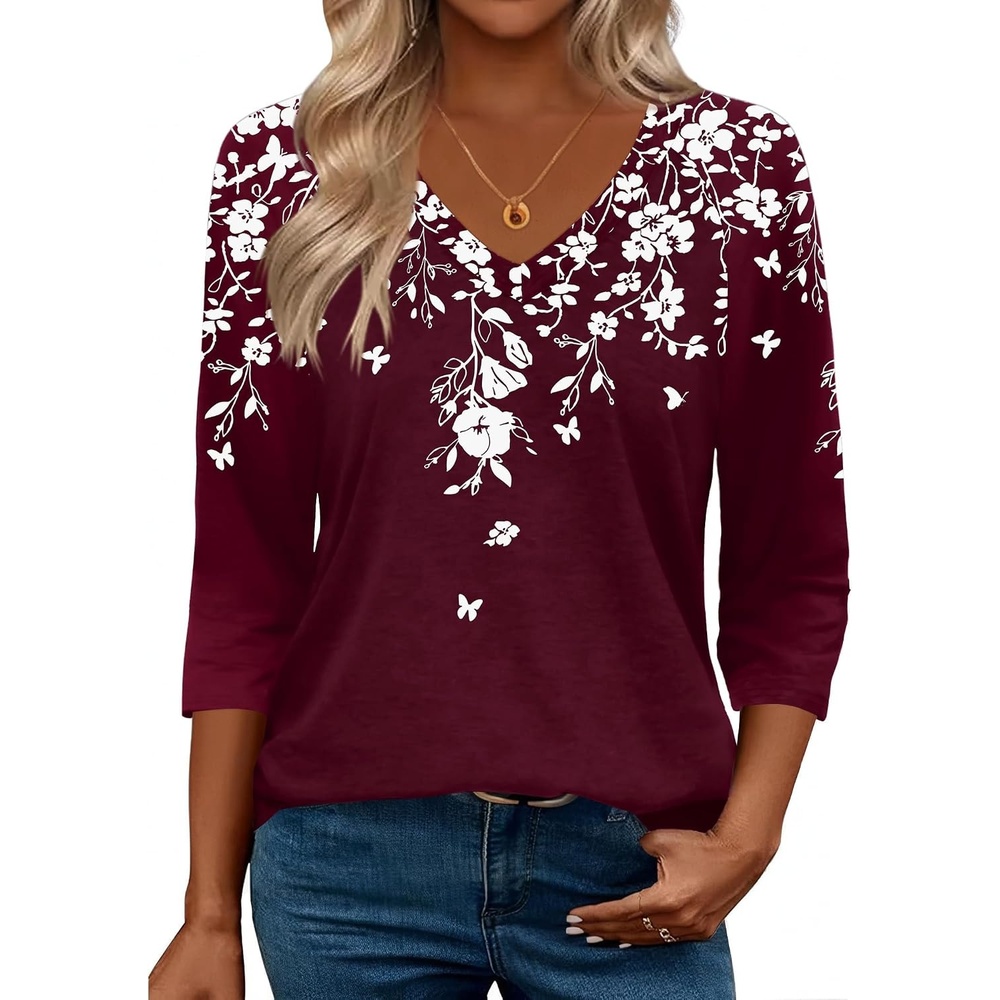 image:imageZeagoo 34 Length Sleeve Womens Tops Casual V Neck Shirts Soft Basic TeesRed Floral